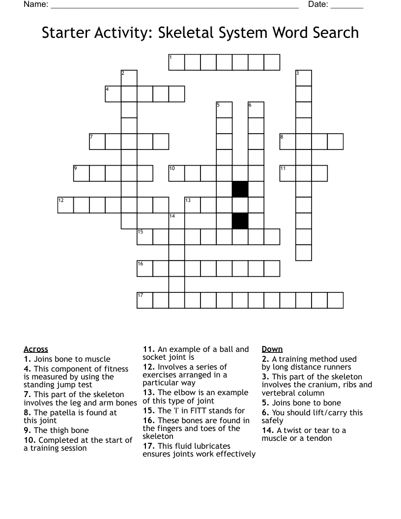 Starter Activity: Skeletal System Word Search Crossword