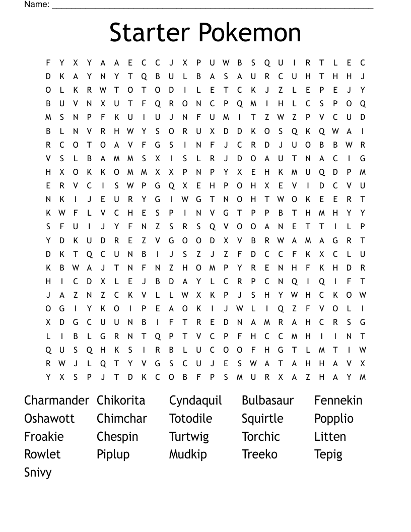 Starter Pokemon Word Search