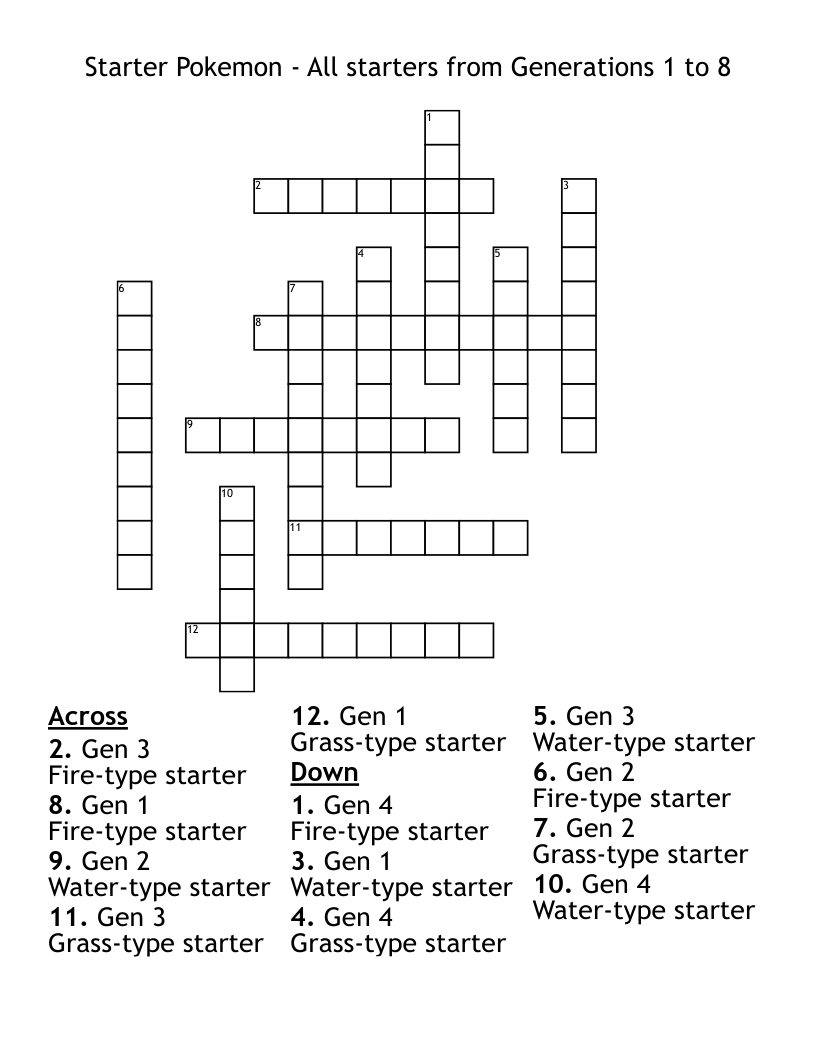 Starter Pokemon - All starters from Generations 1 to 8 Crossword