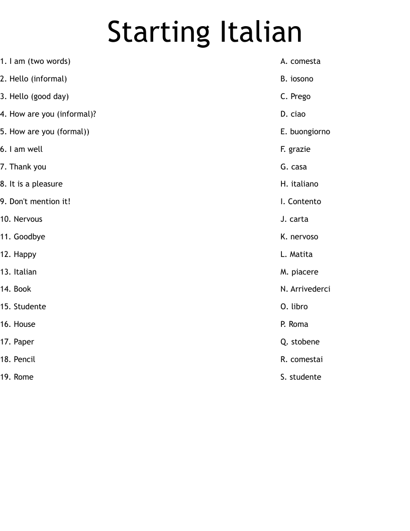 Starting Italian Worksheet