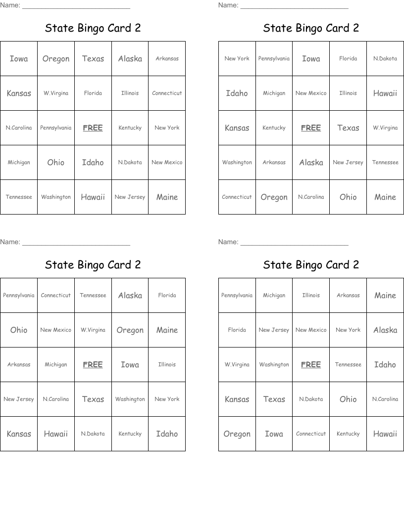 State Bingo Card 2