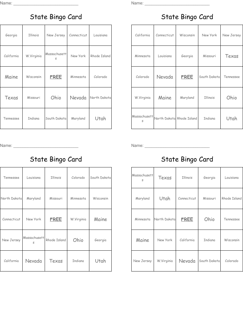 State Bingo Card