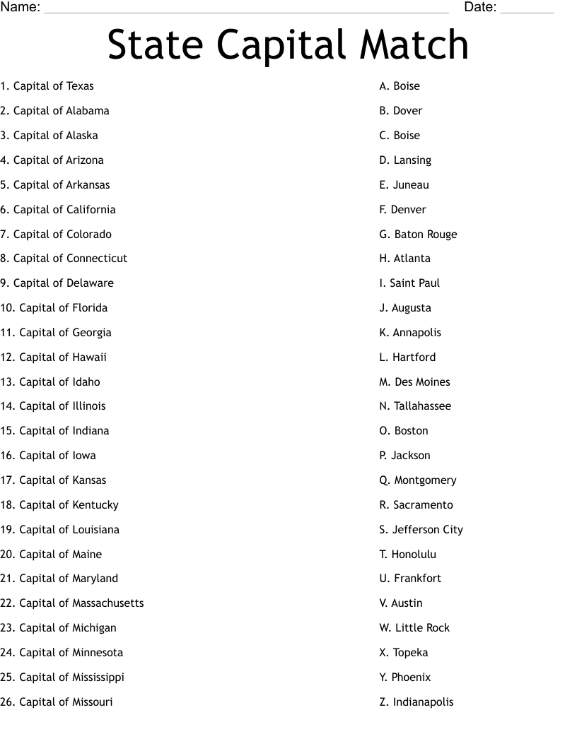 State Capital Match Worksheet