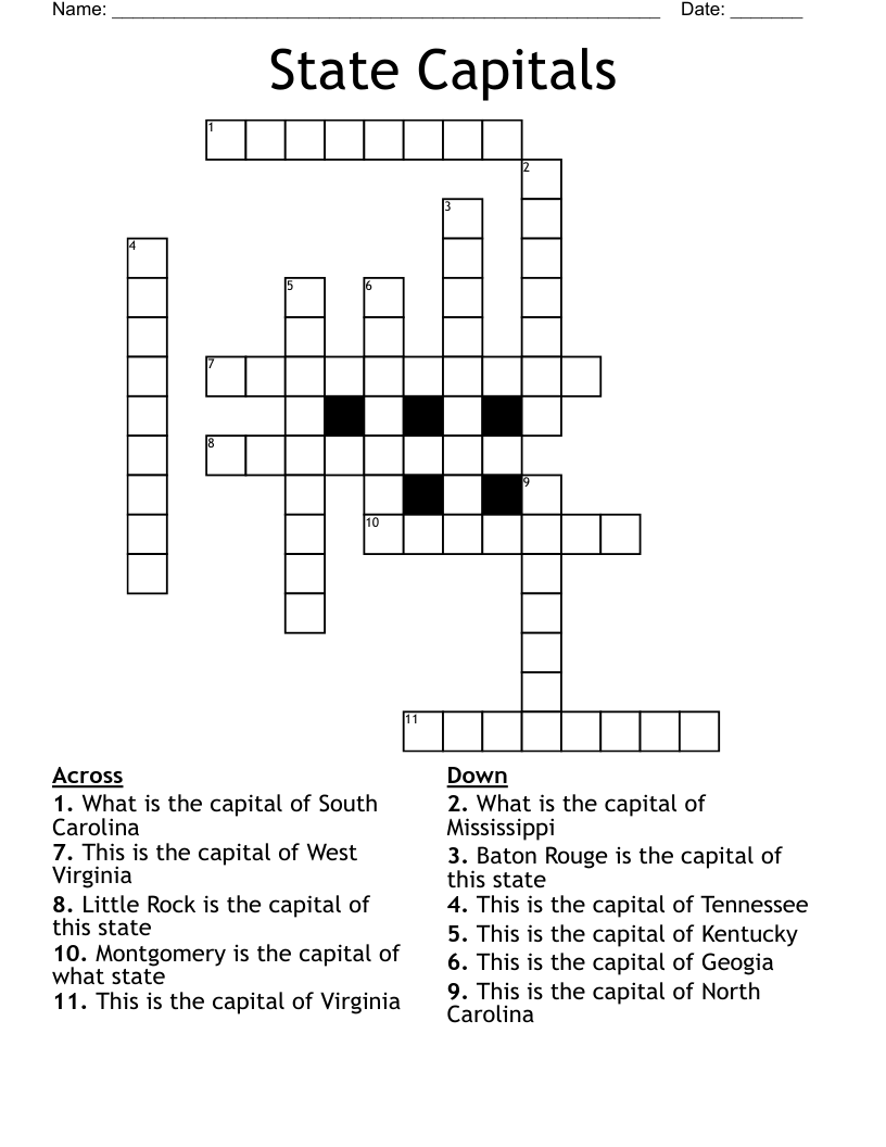 State Capitals Crossword