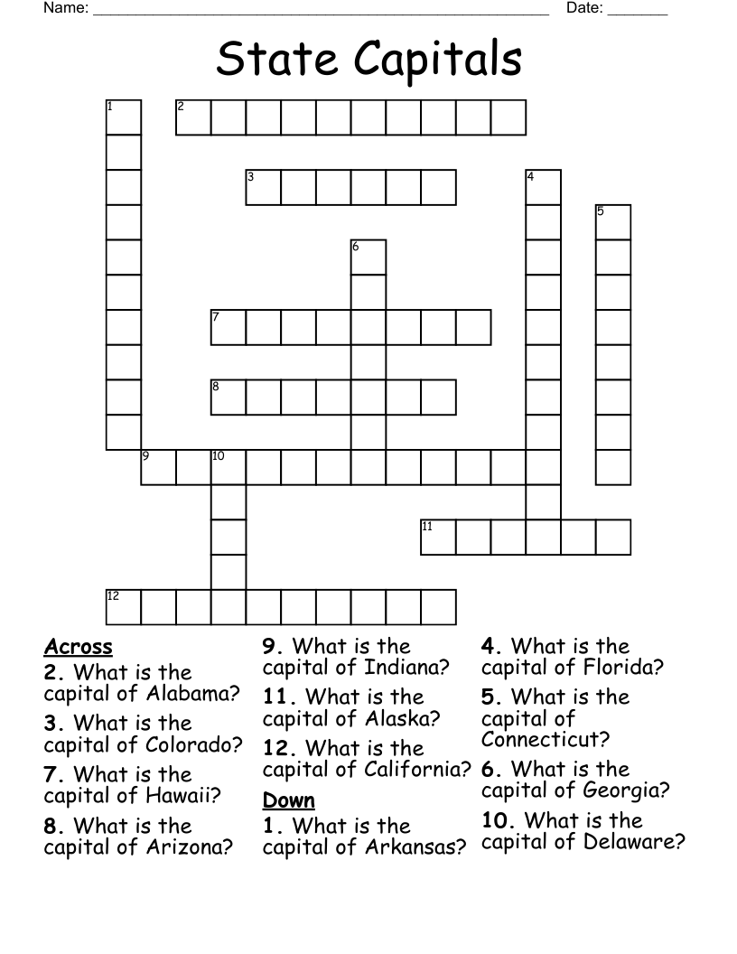 State Capitals Crossword