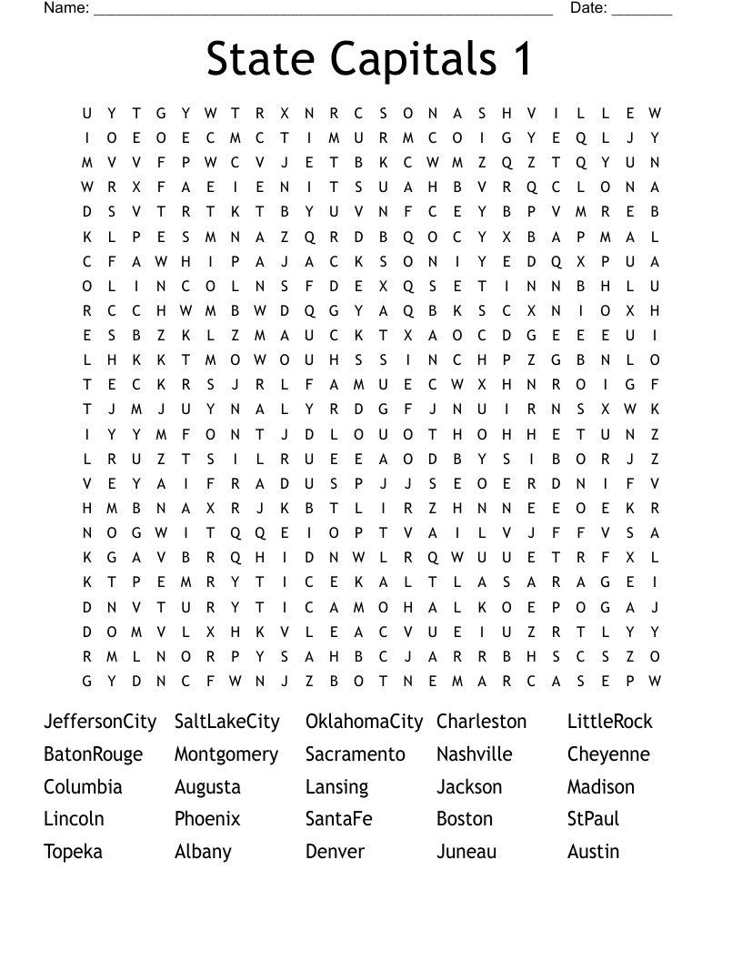 State Capitals 1 Word Search