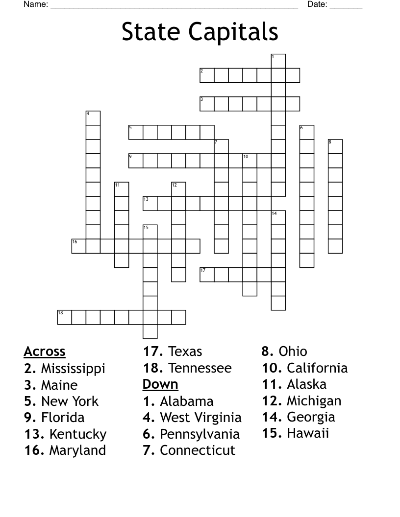State Capitals Crossword