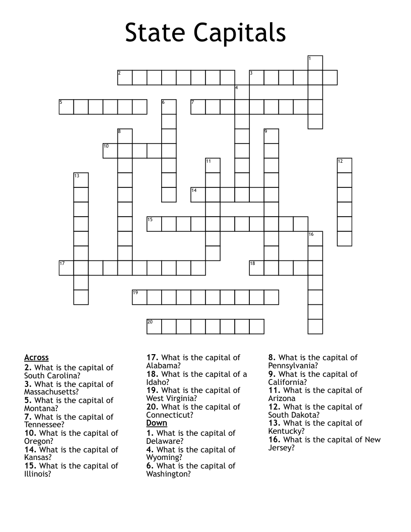 State Capitals Crossword