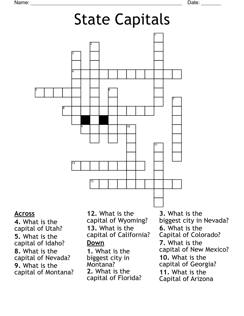 State Capitals Crossword