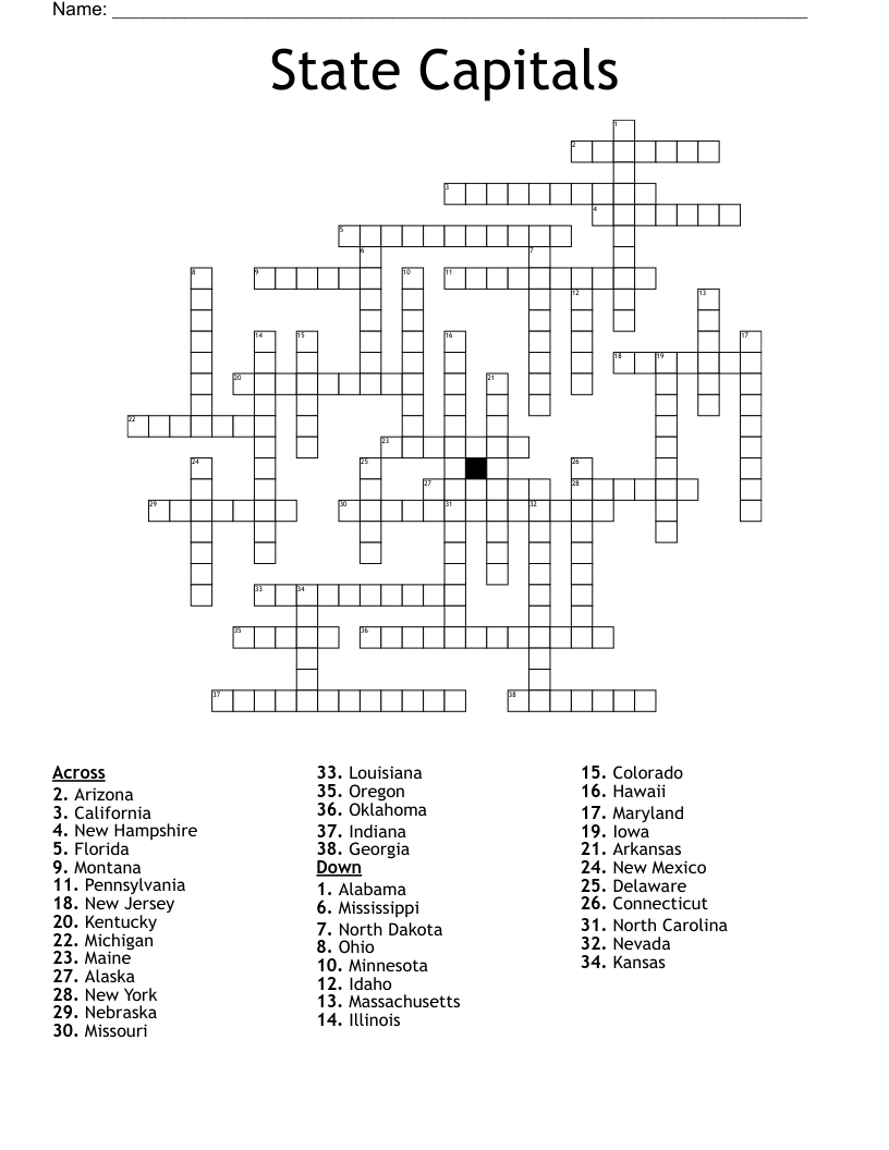 State Capitals Crossword