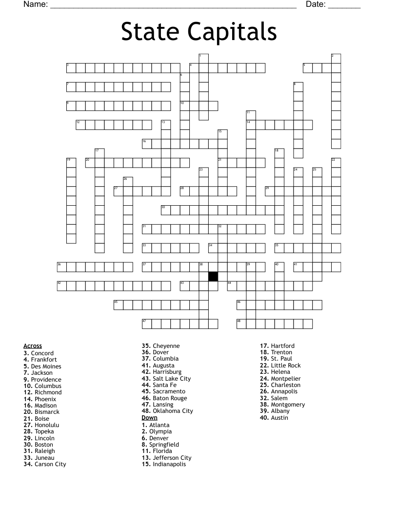 State Capitals Crossword