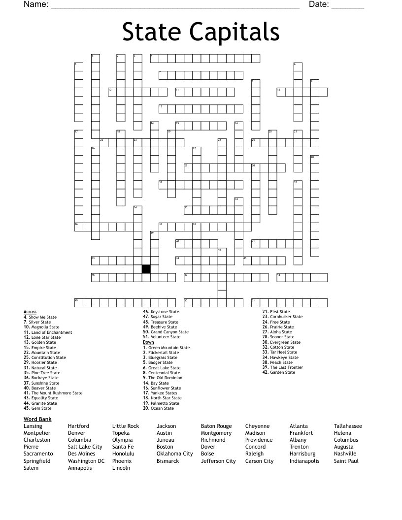 State Capitals Crossword