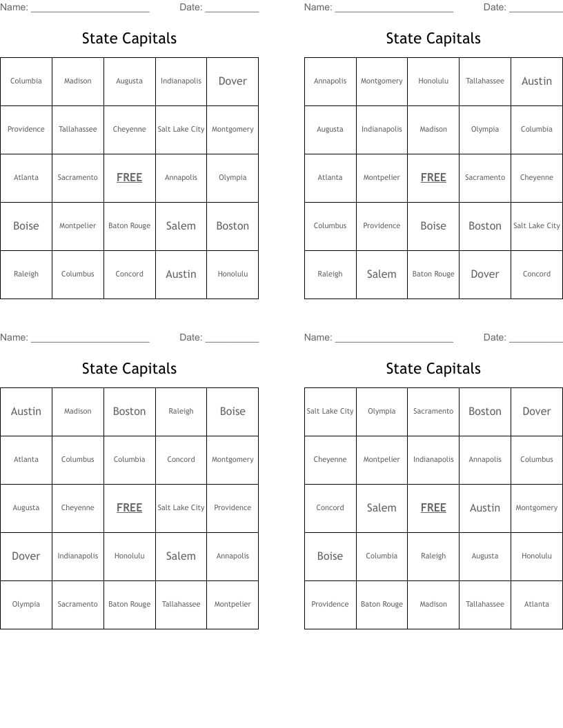 State Capitals Bingo Cards