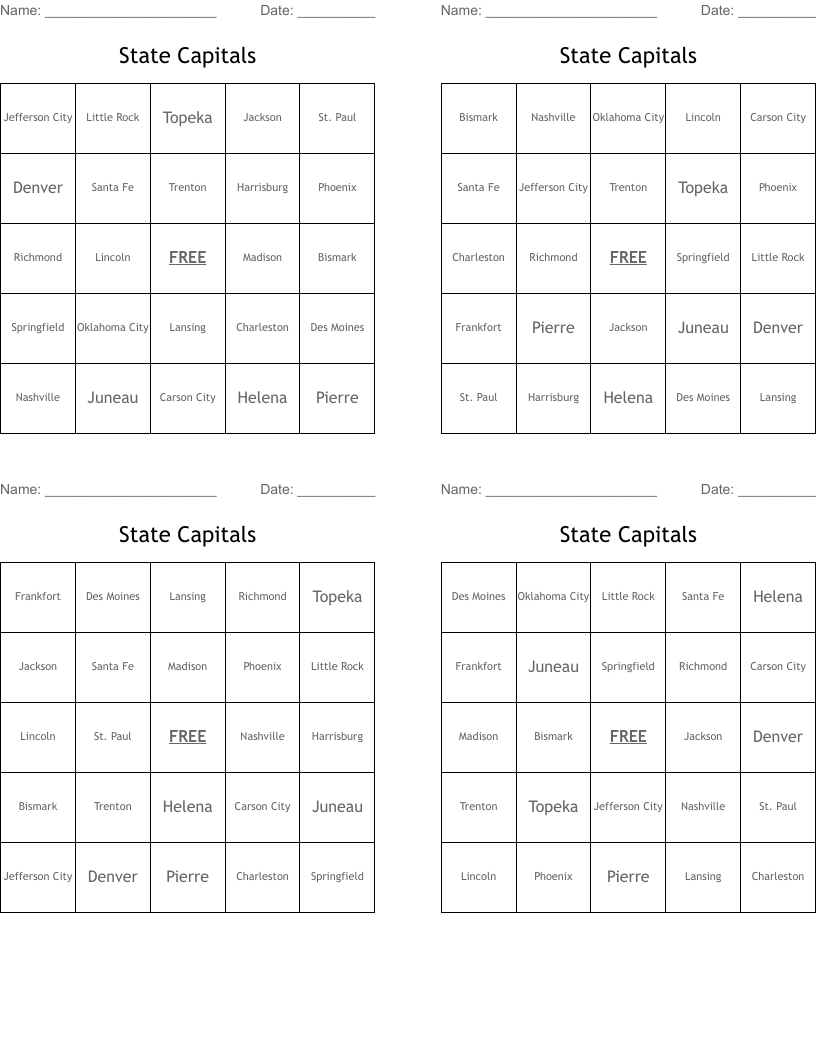 State Capitals Bingo Cards