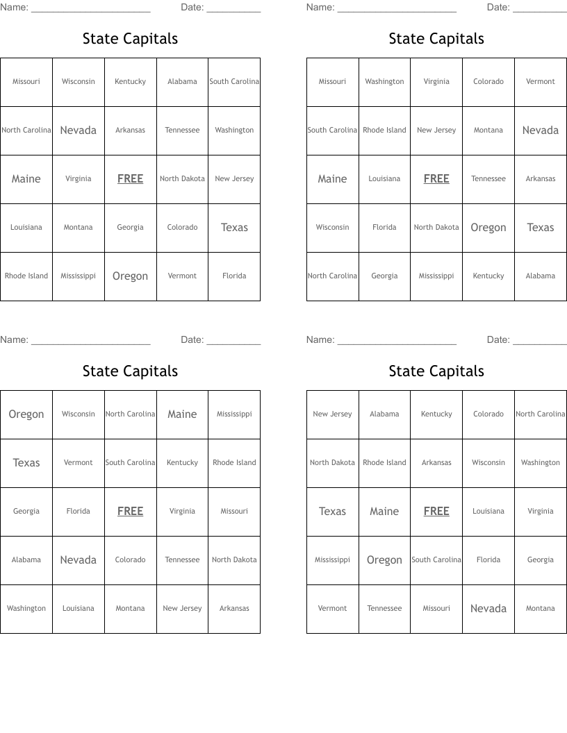 State Capitals Bingo Cards