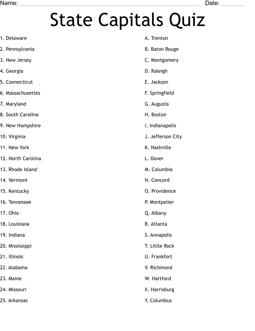 State Capitals Quiz Worksheet