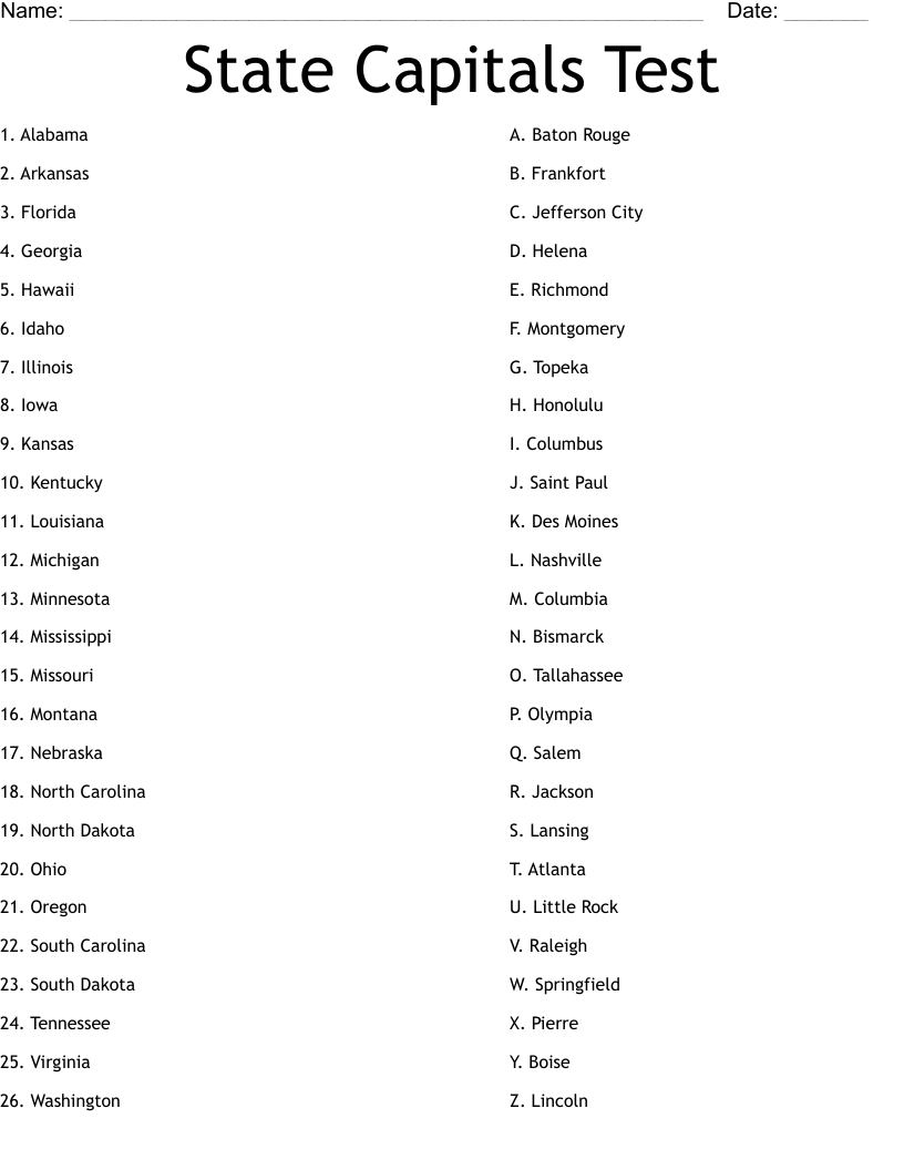 State Capitals Test Worksheet