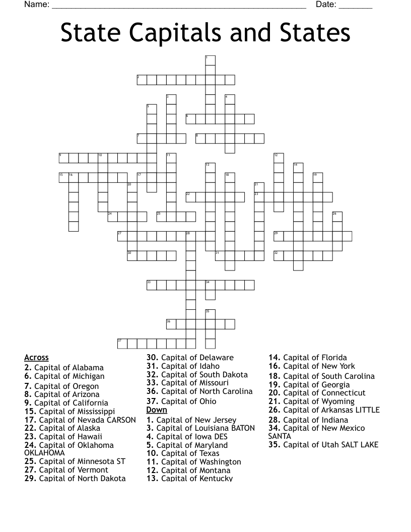 State Capitals and States Crossword
