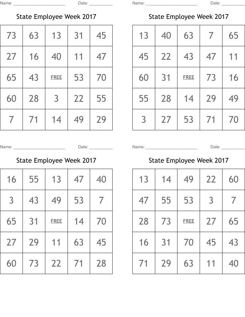 State Employee Week 2017 Bingo Cards