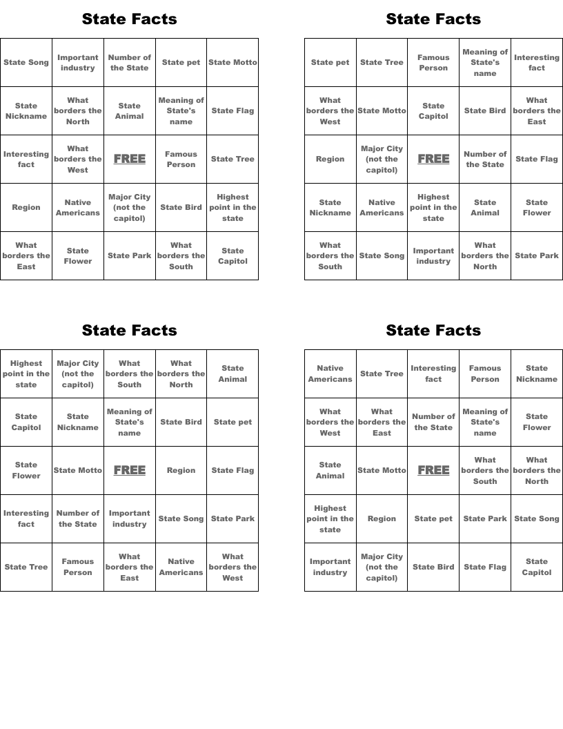 State Facts Bingo Cards