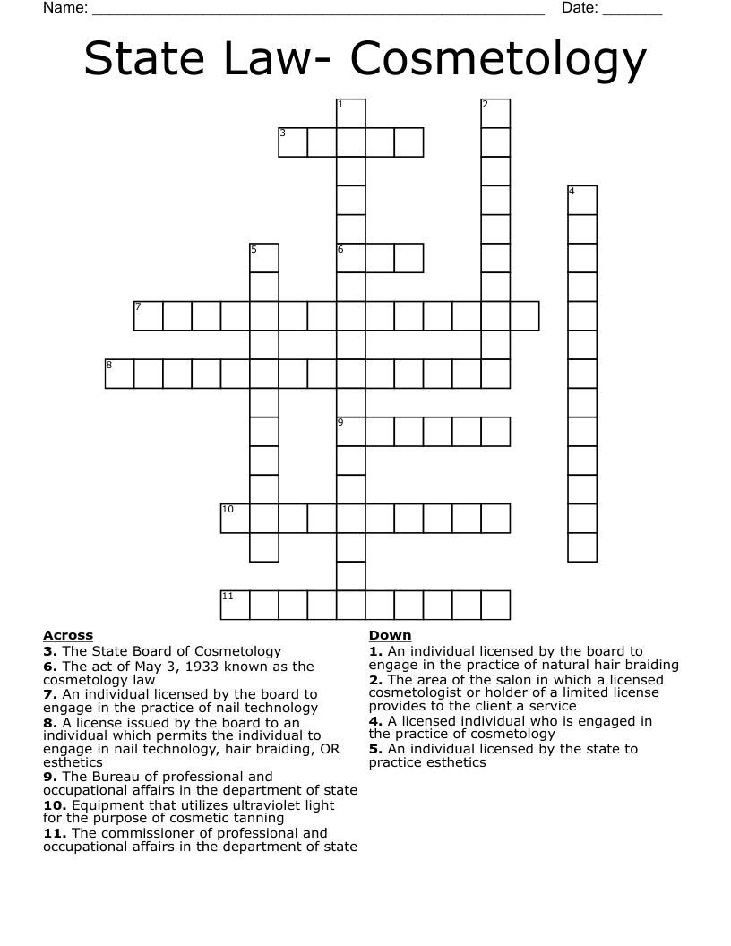 State Law- Cosmetology Crossword
