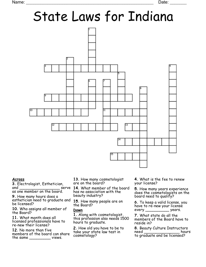 State Laws for Indiana Crossword