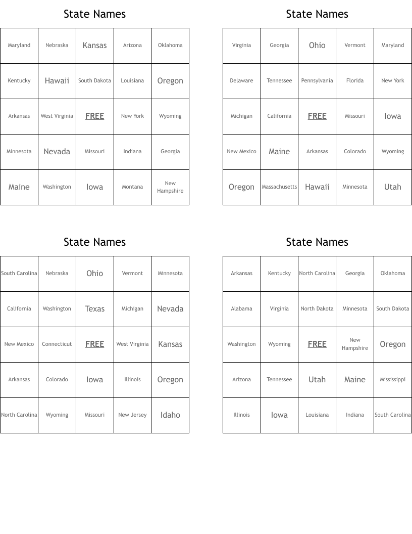 State Names Bingo Cards