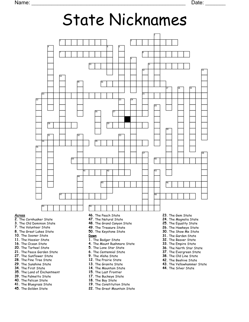 State Nicknames  Crossword