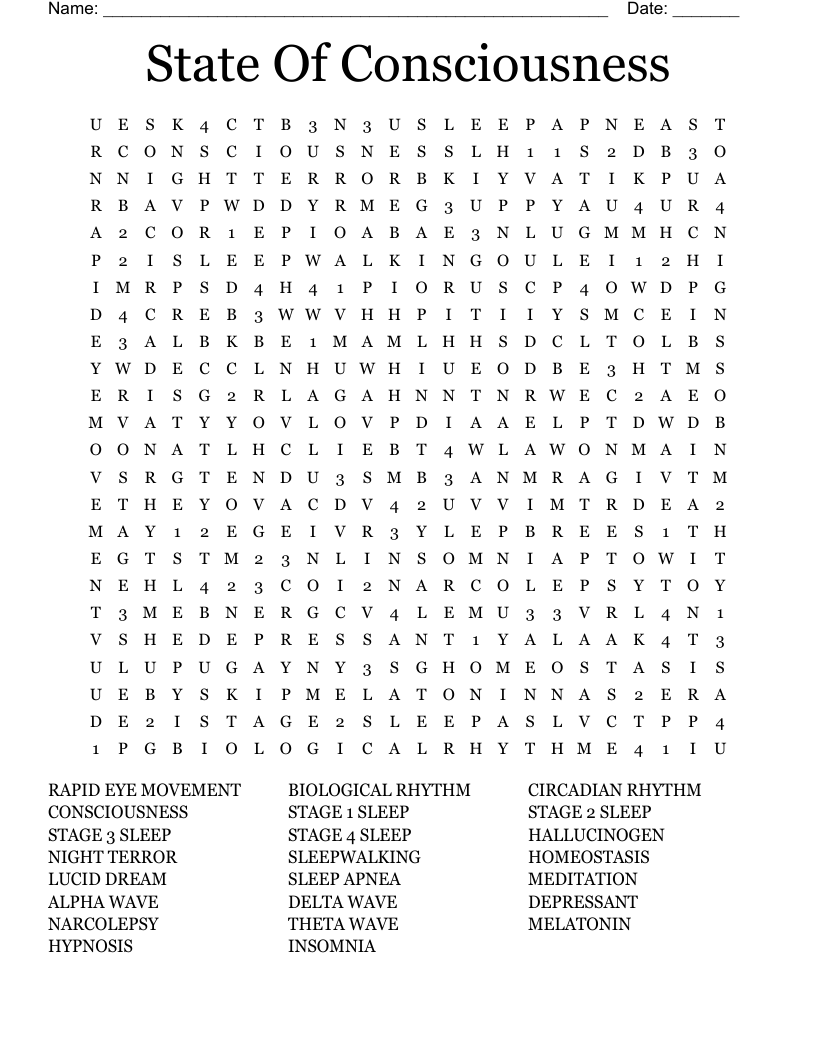State Of Consciousness Word Search