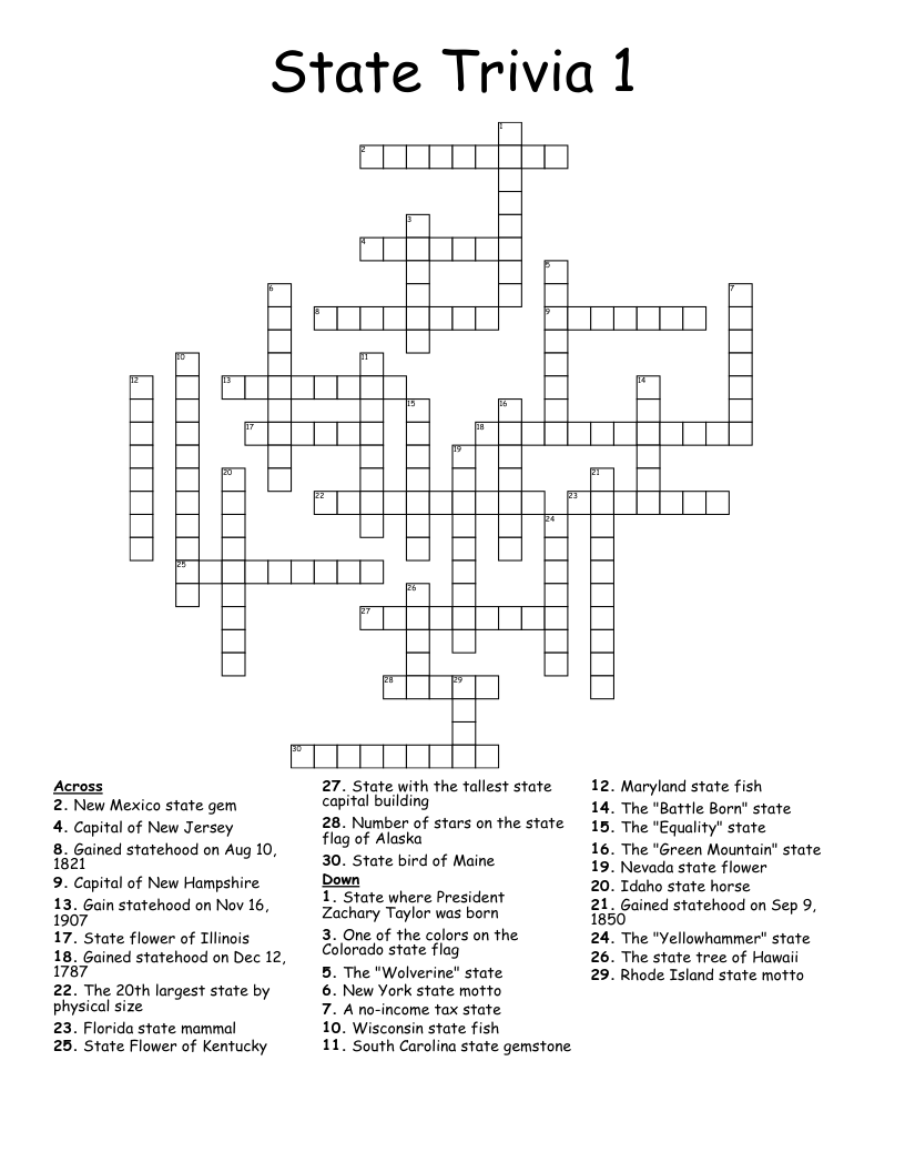 State Trivia 1 Crossword