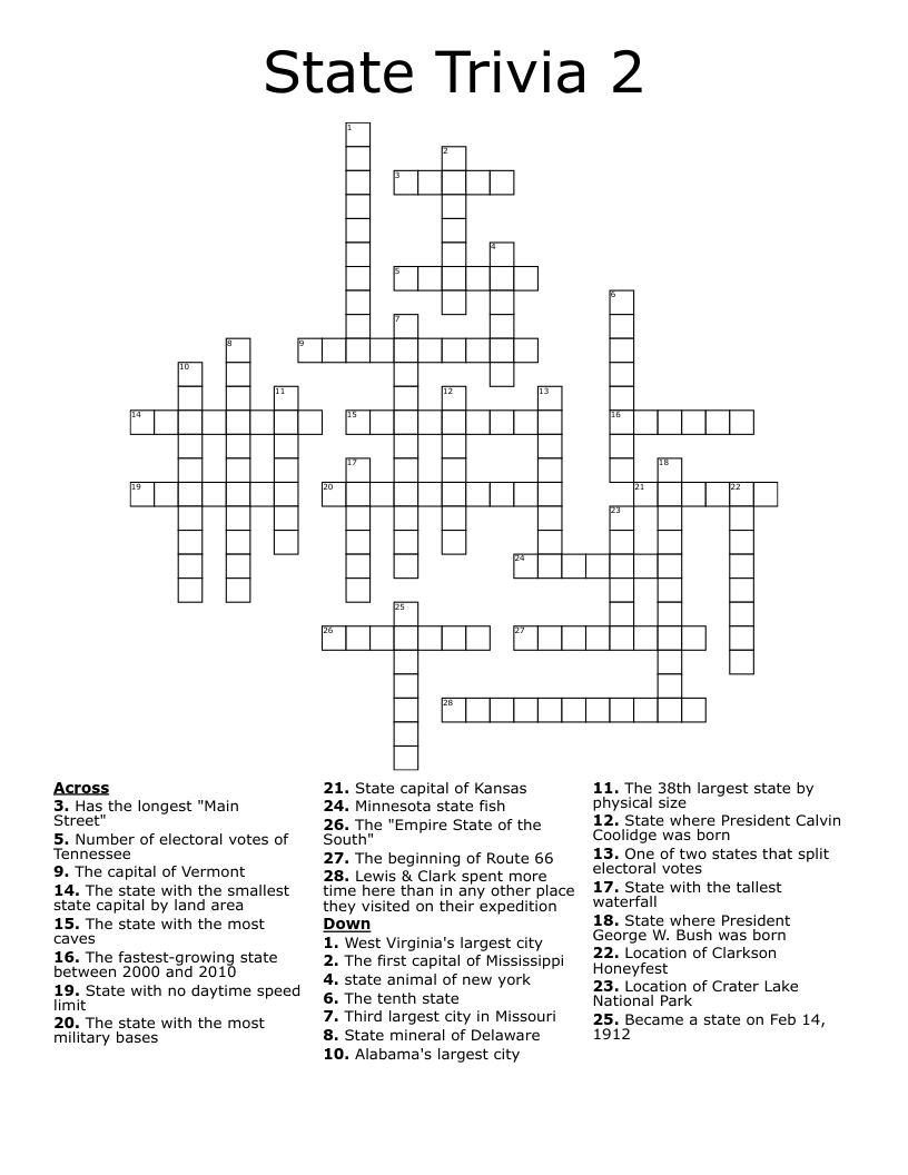 State Trivia 2 Crossword