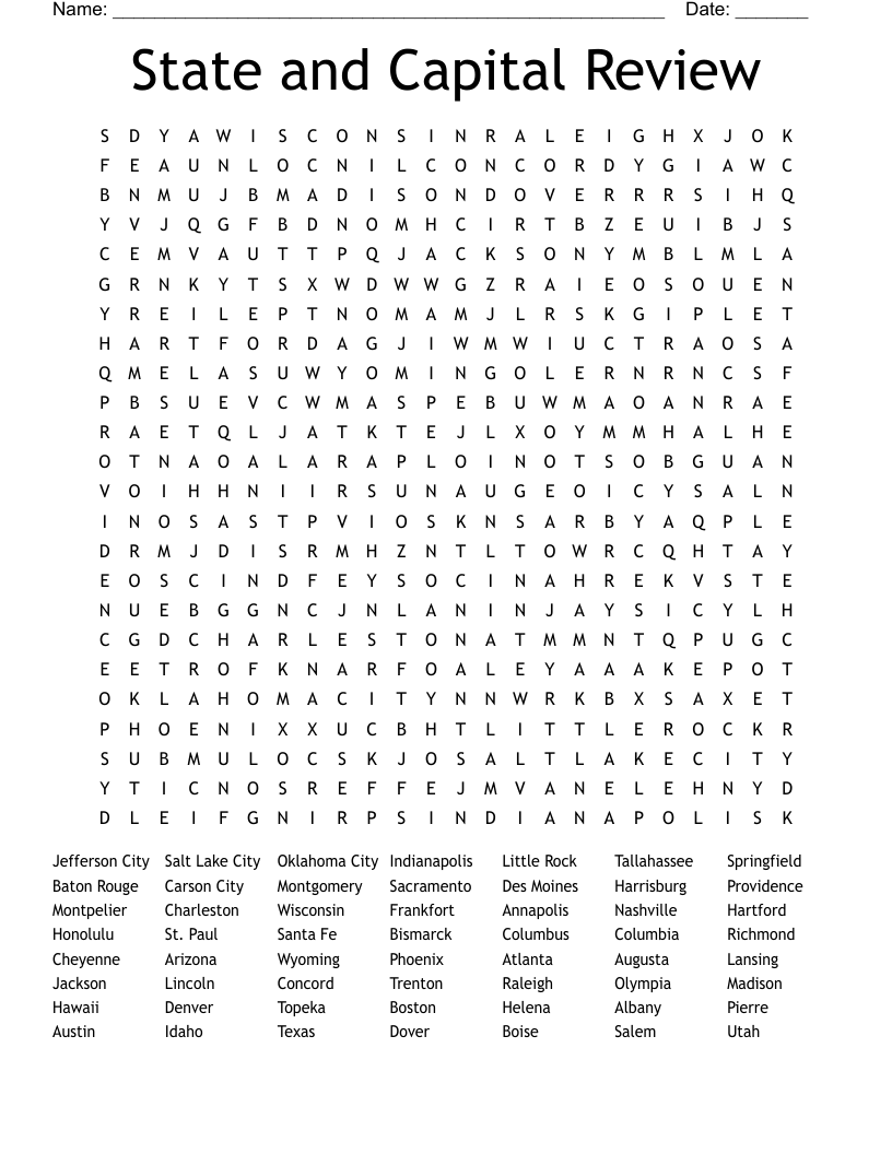 State and Capital Review Word Search