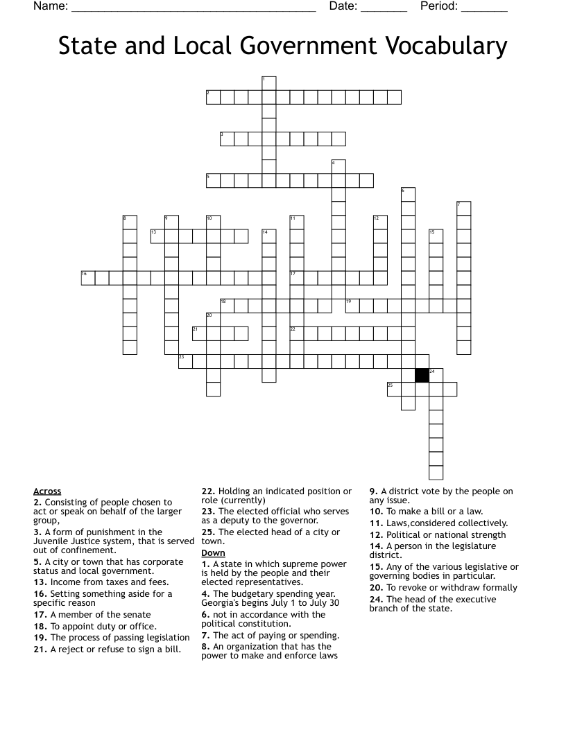 State and Local Government Vocabulary Crossword