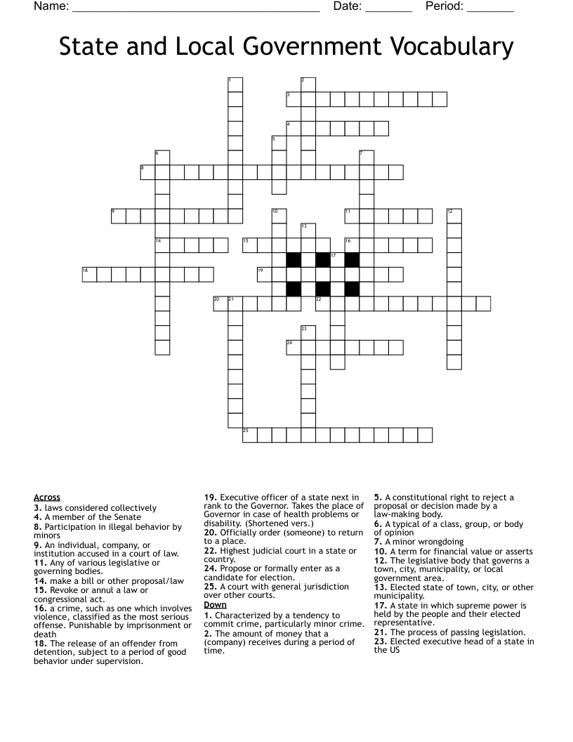 State and Local Government Vocabulary Crossword