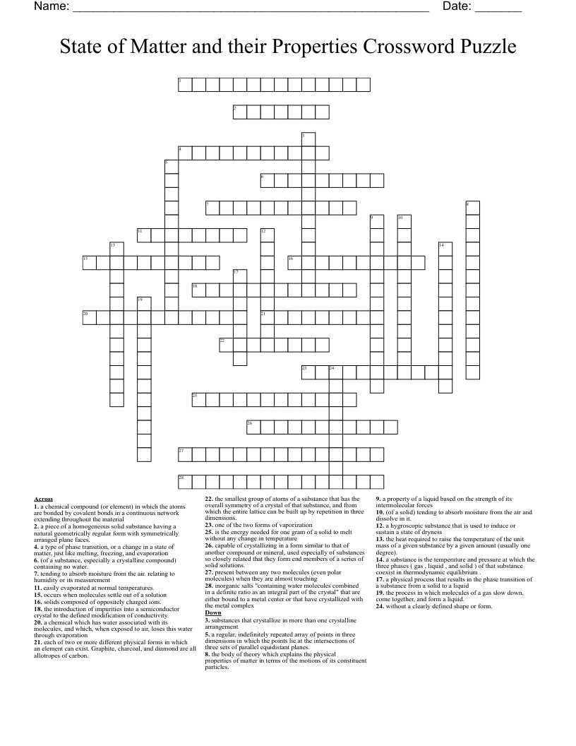 State of Matter and their Properties Crossword Puzzle