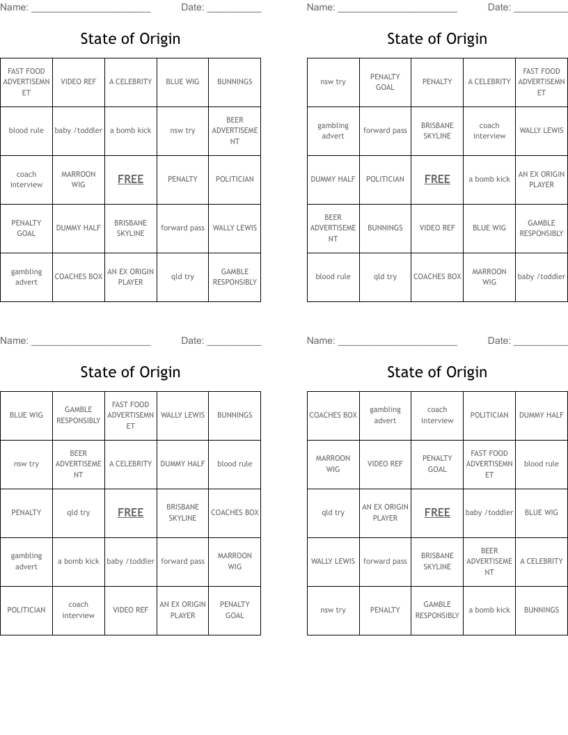 State of Origin  Bingo Cards