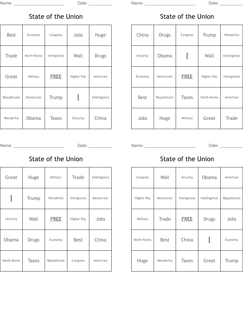 State of the Union Bingo Cards