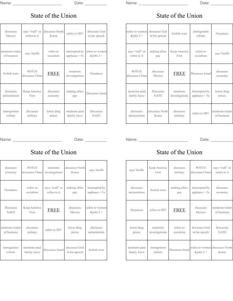 State of the Union Bingo Cards