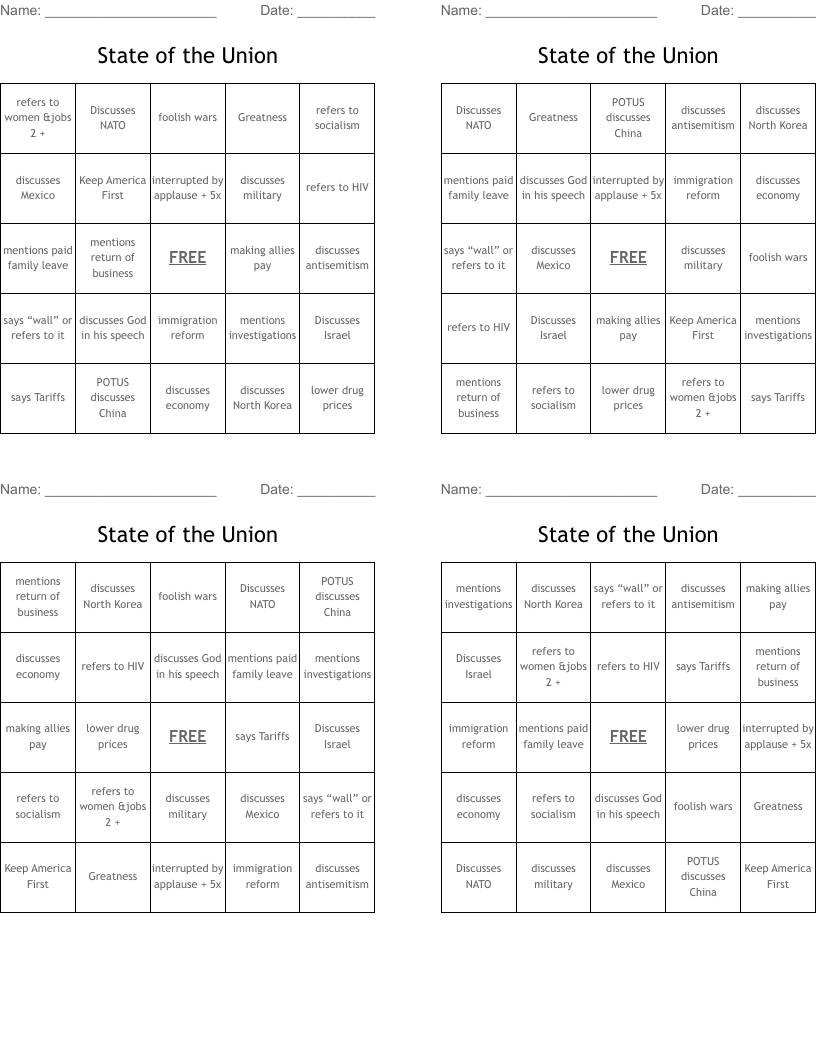 State of the Union Bingo Cards