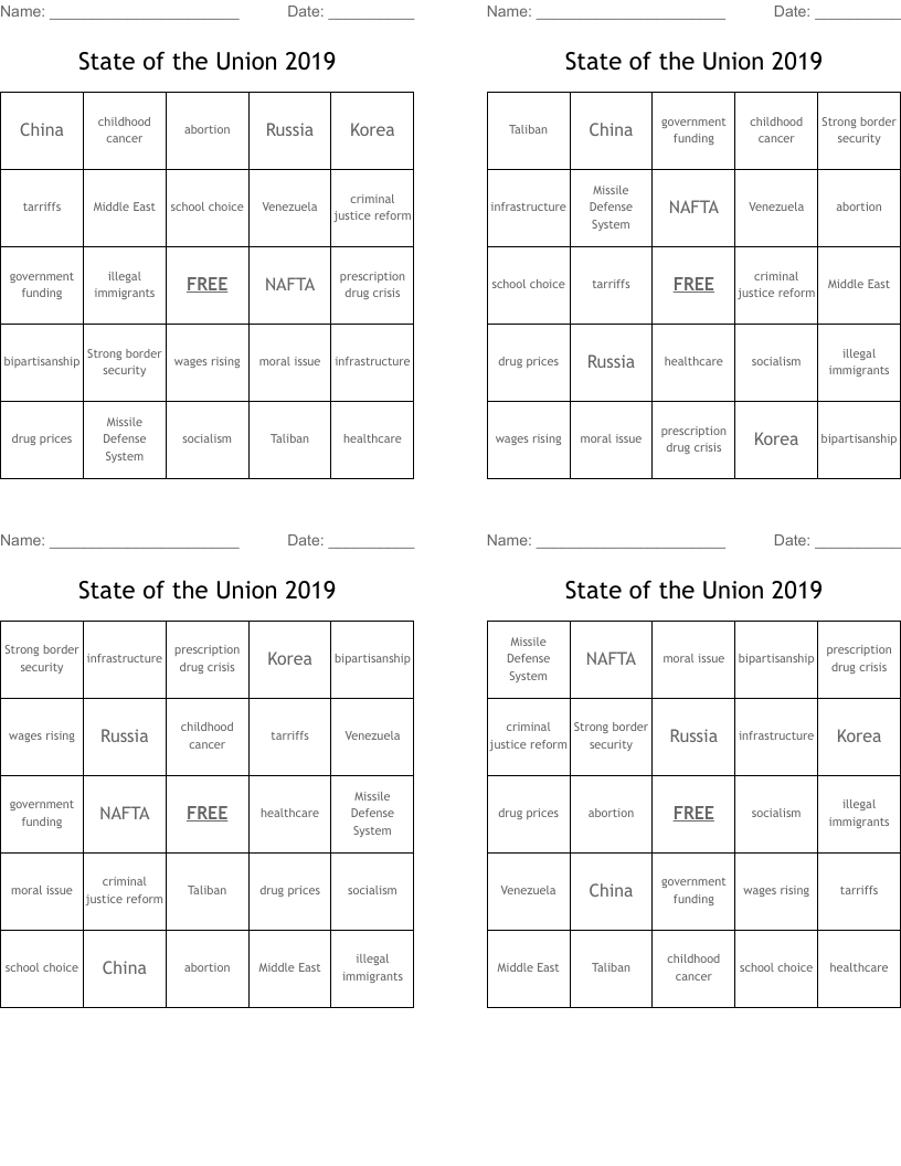 State of the Union 2019 Bingo Cards