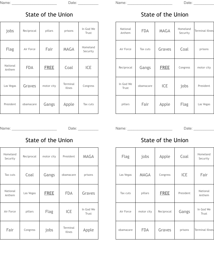 State of the Union Bingo Cards