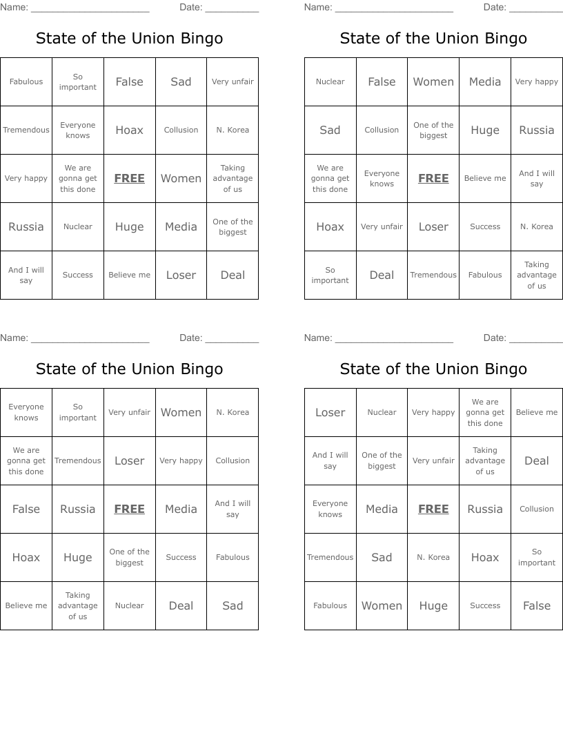 State of the Union Bingo