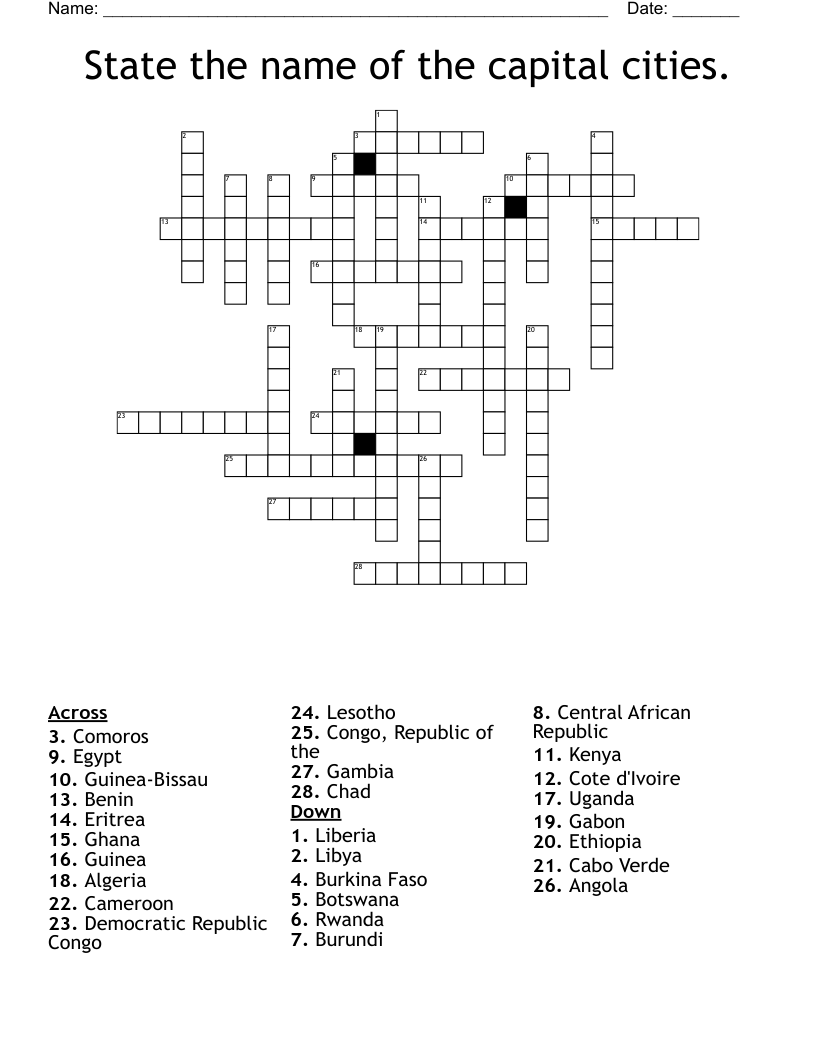 State the name of the capital cities. Crossword