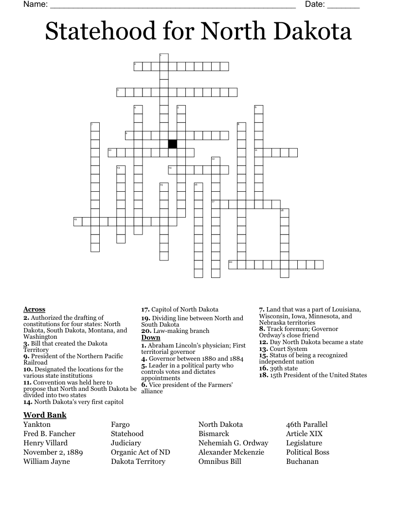 Statehood for North Dakota Crossword