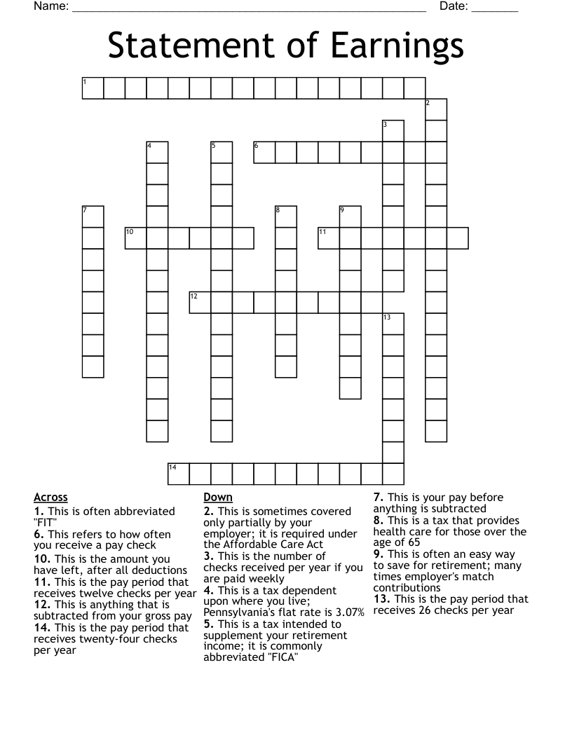 Statement of Earnings Crossword