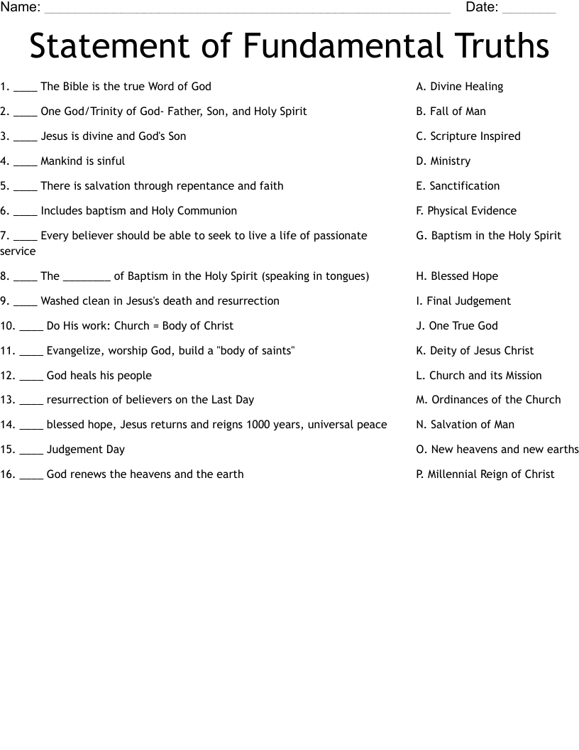 Statement of Fundamental Truths Worksheet