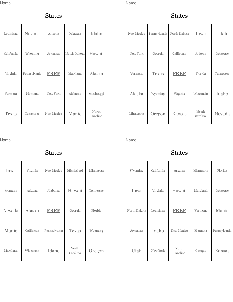 States Bingo Cards