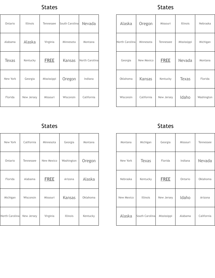 States Bingo Cards