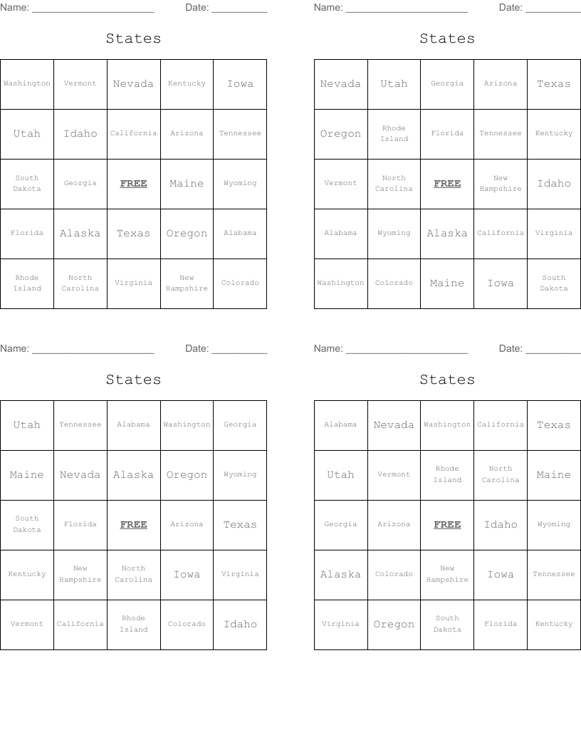States Bingo Cards