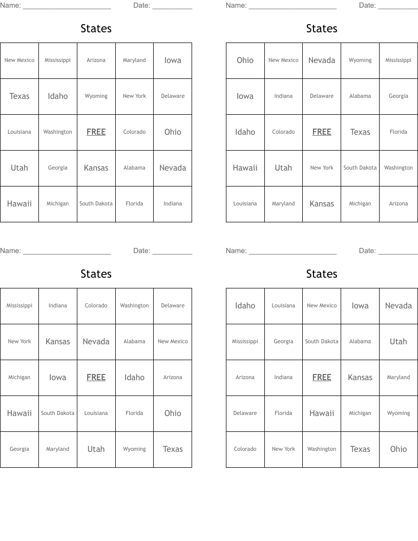 States Bingo Cards